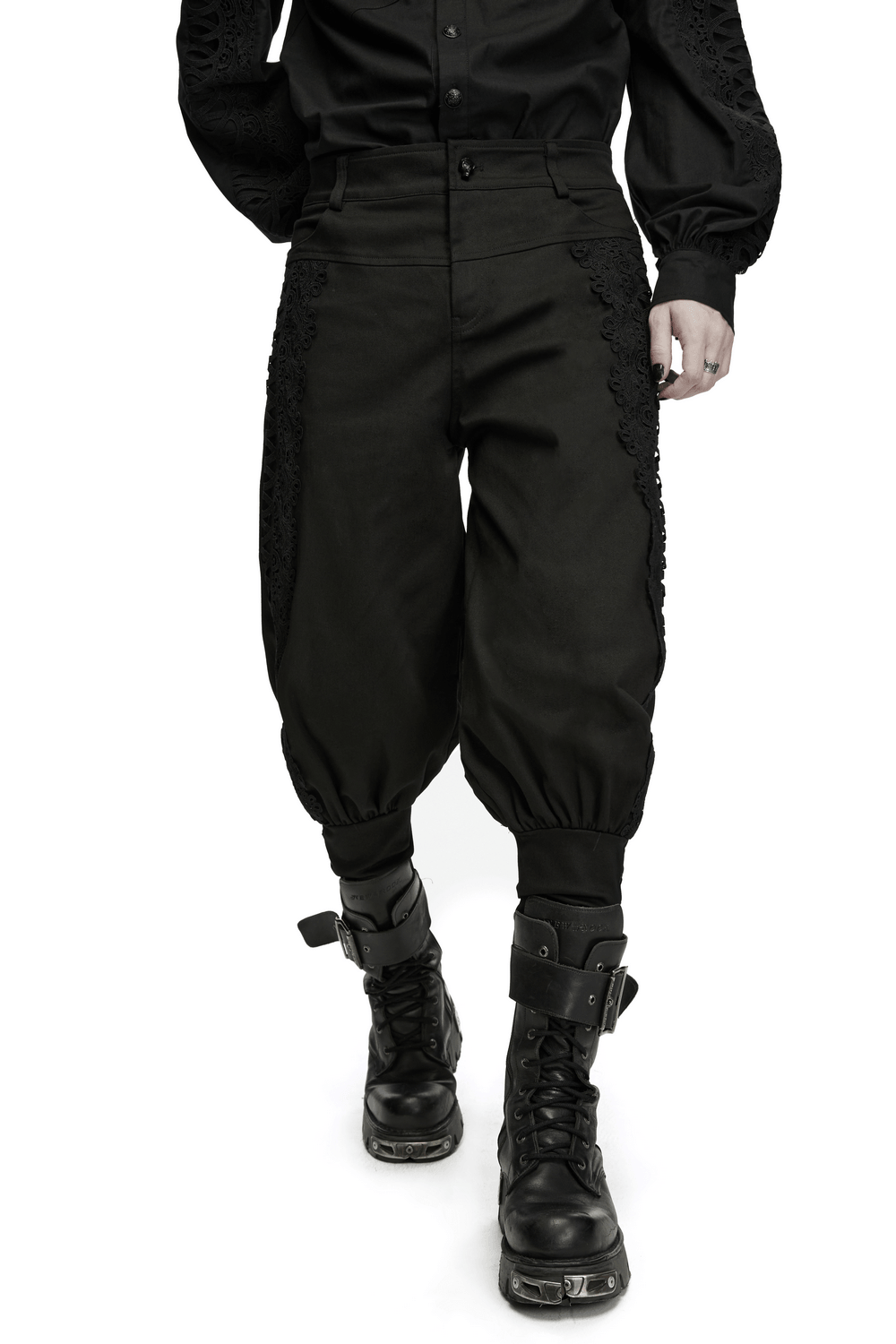 Men's Gothic Lace Panel Lantern Military Cargo Pants with black lace trim and tapered lantern legs, shown with combat boots