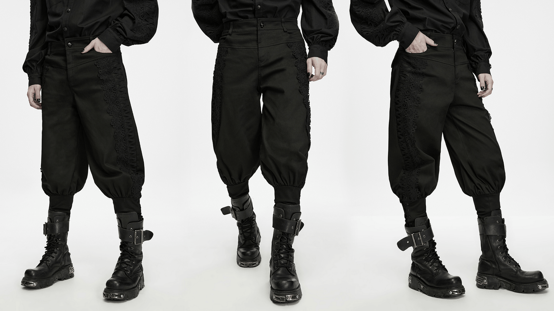 Men's Gothic Lace Panel Lantern Military Cargo Pants with black lace trim and tapered gothic military style