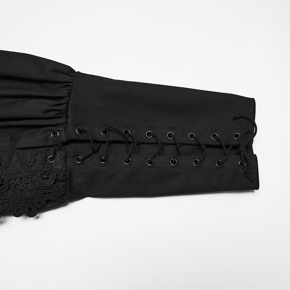 Men's Gothic Lace Panel Lantern Military Cargo Pants with lace trim, lace-up detail, and tapered black gothic style