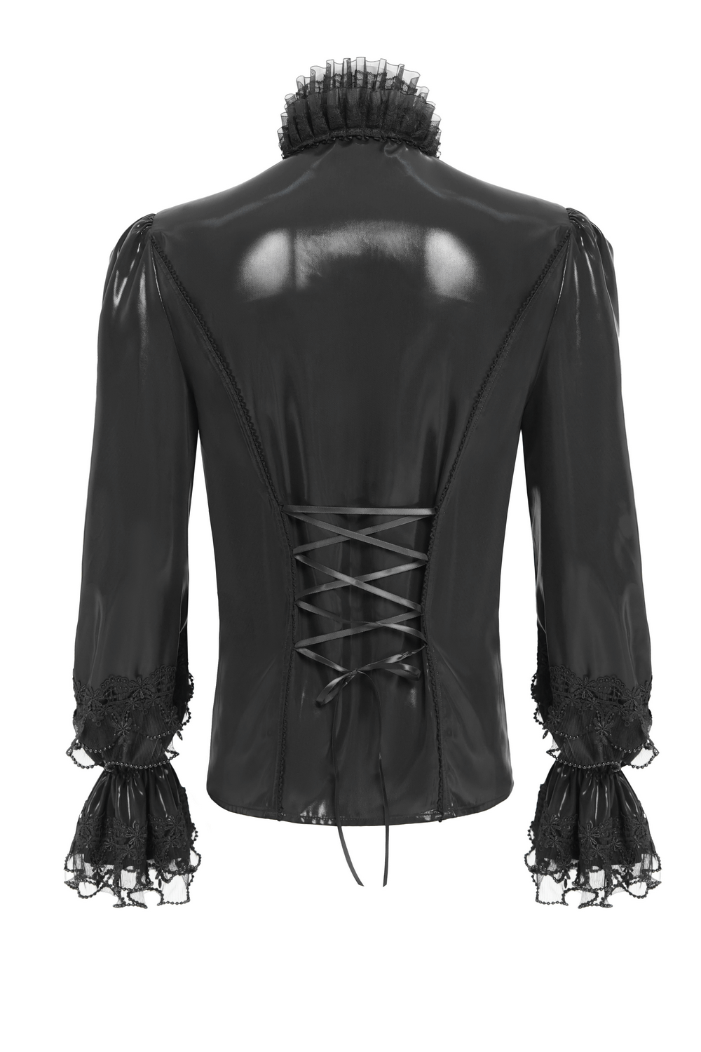 Men's Gothic Lace Ruffled Shirt with Lace-Up Back featuring lace details and frilled collar.