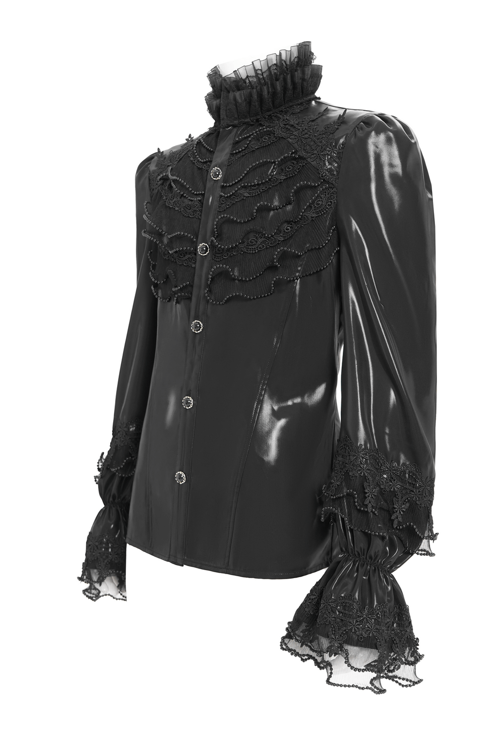 Men's Gothic Lace Ruffled Shirt with Lace-Up Back featuring lace details and a high frilled collar.