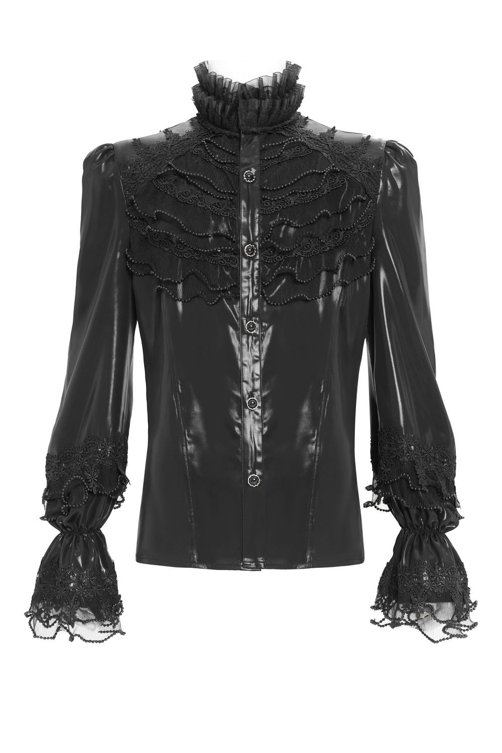 Men's Gothic Lace Ruffled Shirt with Lace-Up Back in black with frilled neck and lace detailing.