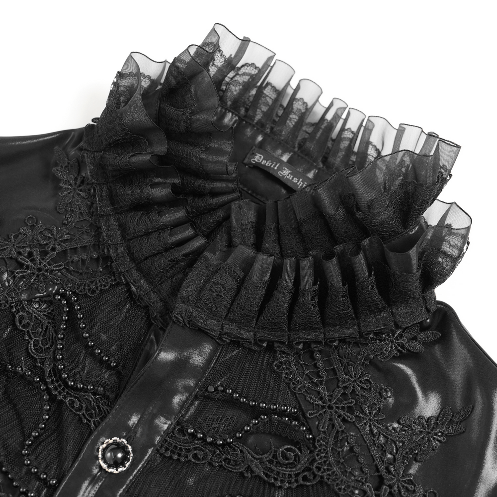 Men's Gothic Lace Ruffled Shirt with Lace-Up Back featuring elegant lace details and a high frilled collar.
