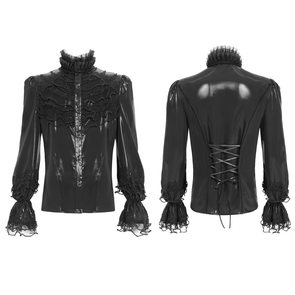 Men's Gothic Lace Ruffled Shirt with Lace-Up Back featuring lace details and frilled neck design.