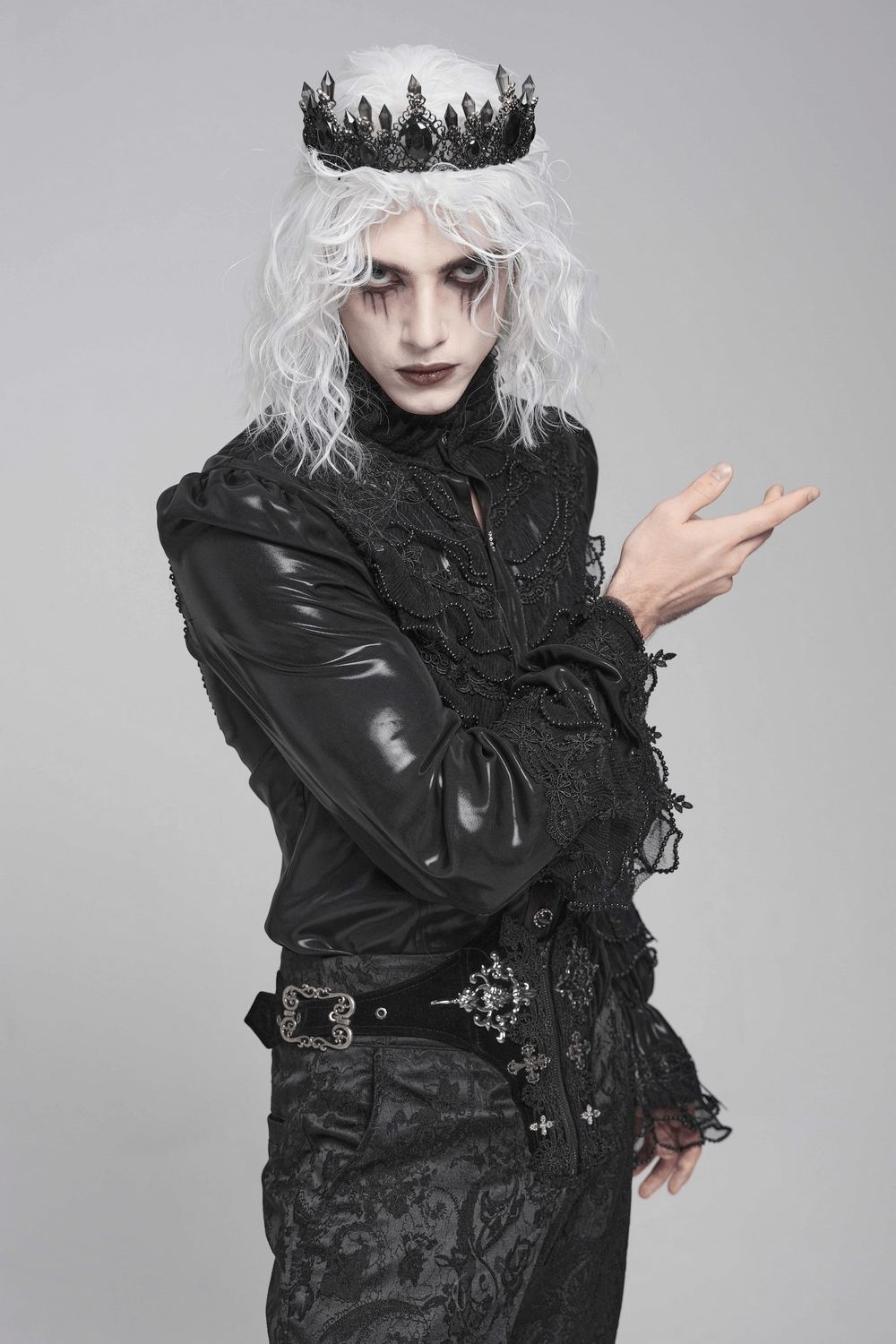 Men's Gothic Lace Ruffled Shirt with Lace-Up Back worn by a model with long white hair and a crown, showcasing gothic elegance.