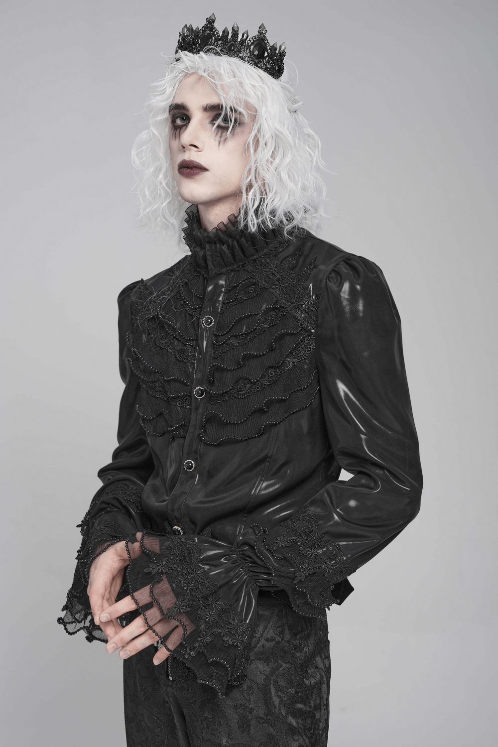 Men's Gothic Lace Ruffled Shirt with Lace-Up Back worn by a model with wavy white hair and a crown.