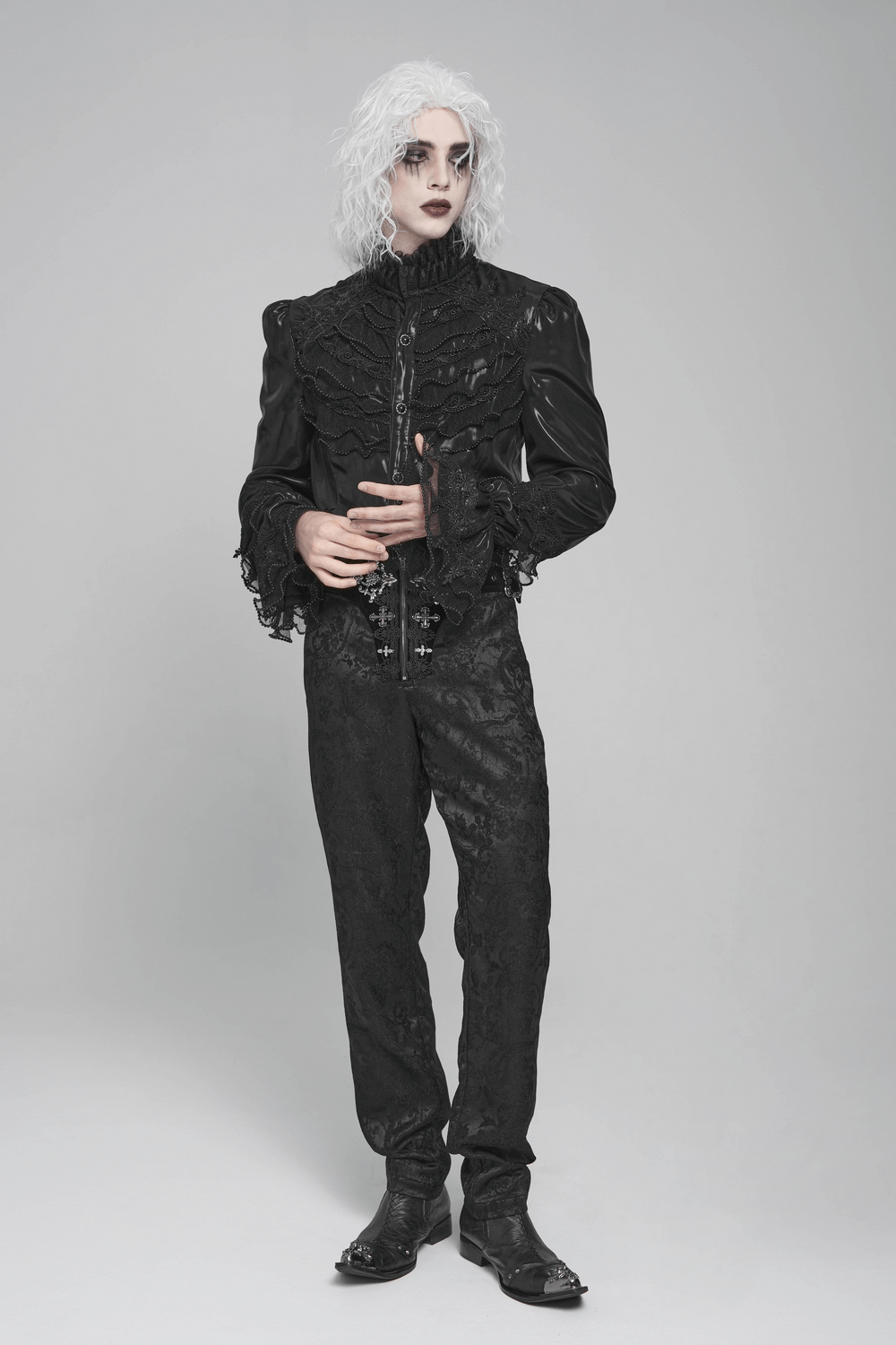 Men's Gothic Lace Ruffled Shirt with Lace-Up Back worn by model showcasing dark elegance and Victorian style.