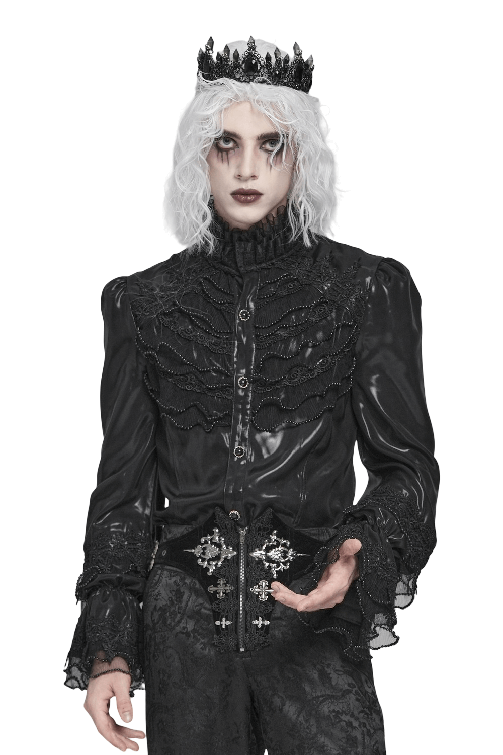 Men's Gothic Lace Ruffled Shirt with Lace-Up Back worn by a model, showcasing intricate lace details and dramatic frills.