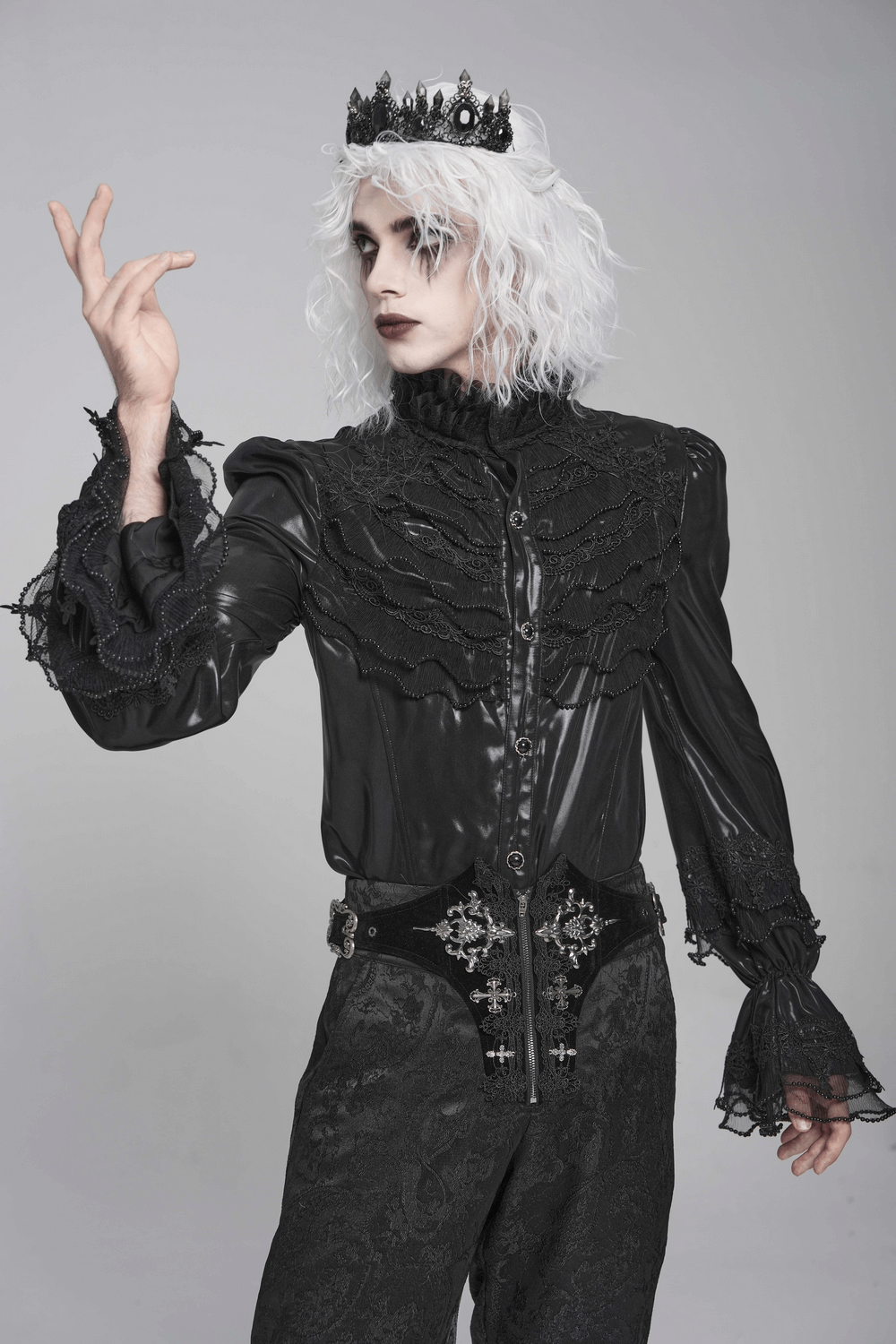 Men's Gothic Lace Ruffled Shirt with Lace-Up Back worn by a model with a crown, showcasing dark elegance and vintage flair.