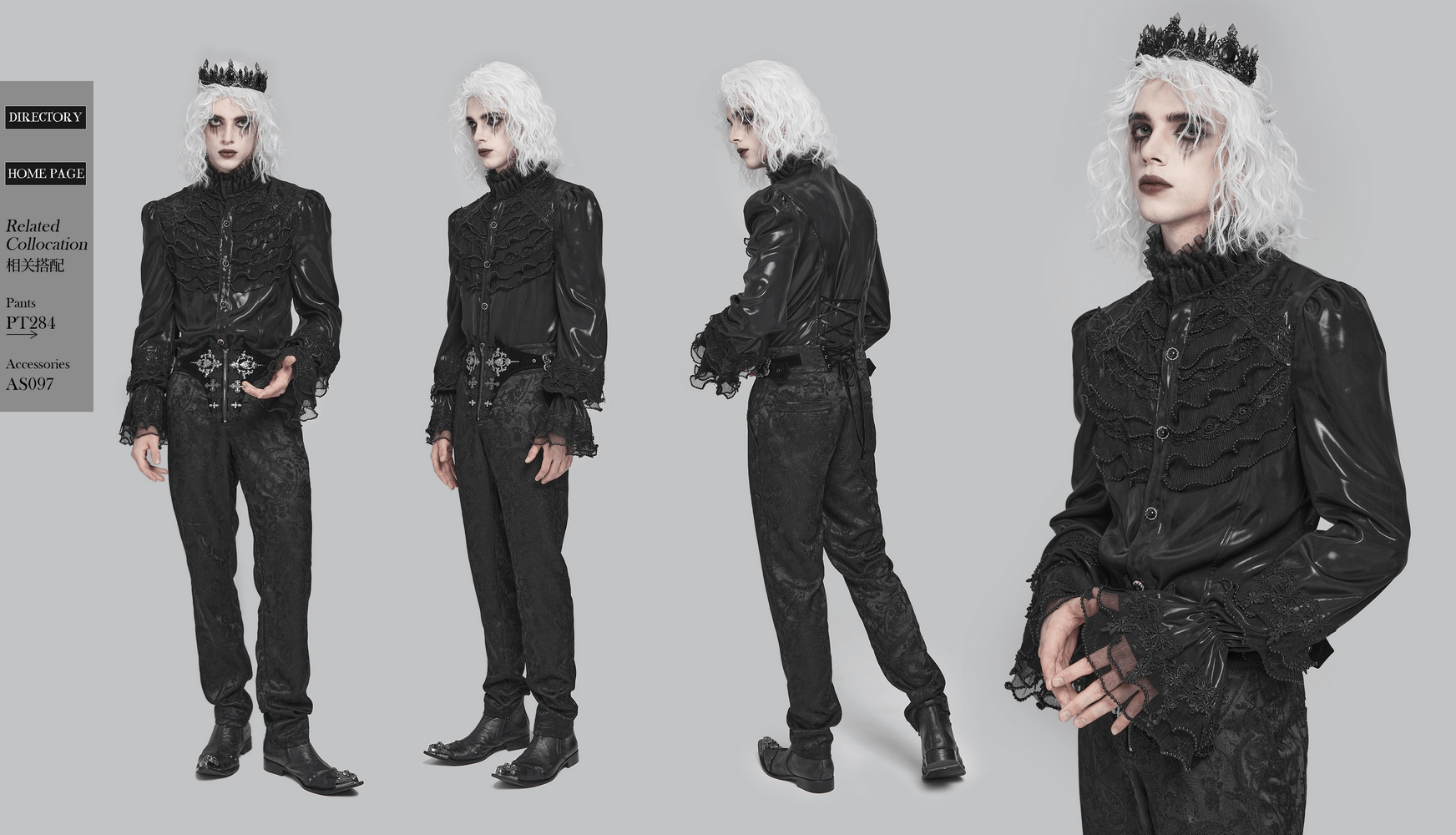 Men's Gothic Lace Ruffled Shirt with Lace-Up Back modeled in dark elegance with lace details and frilled collar
