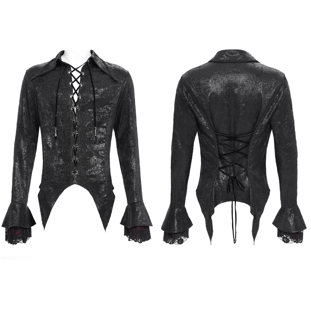 Men's gothic lace-up shirt with ruffled cuffs and corset back, in crushed velvet, perfect for alternative fashion.
