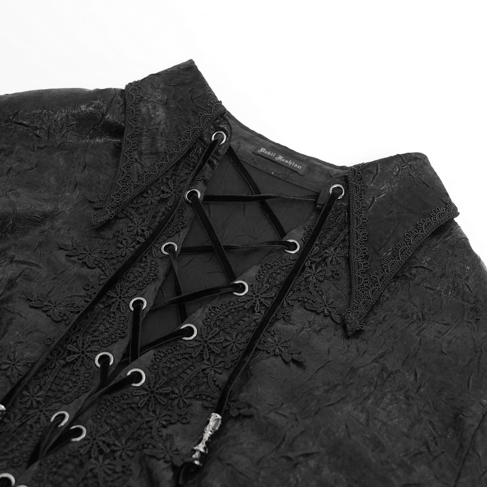 Men's gothic lace-up shirt with ruffled cuffs, corset back, and lace trim in black velvet fabric.
