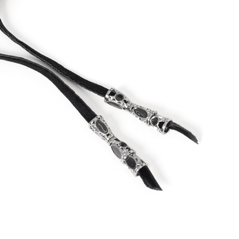 Men's gothic lace-up shirt shoelaces with black velvet and ornate silver accents, perfect for a darkly elegant style.
