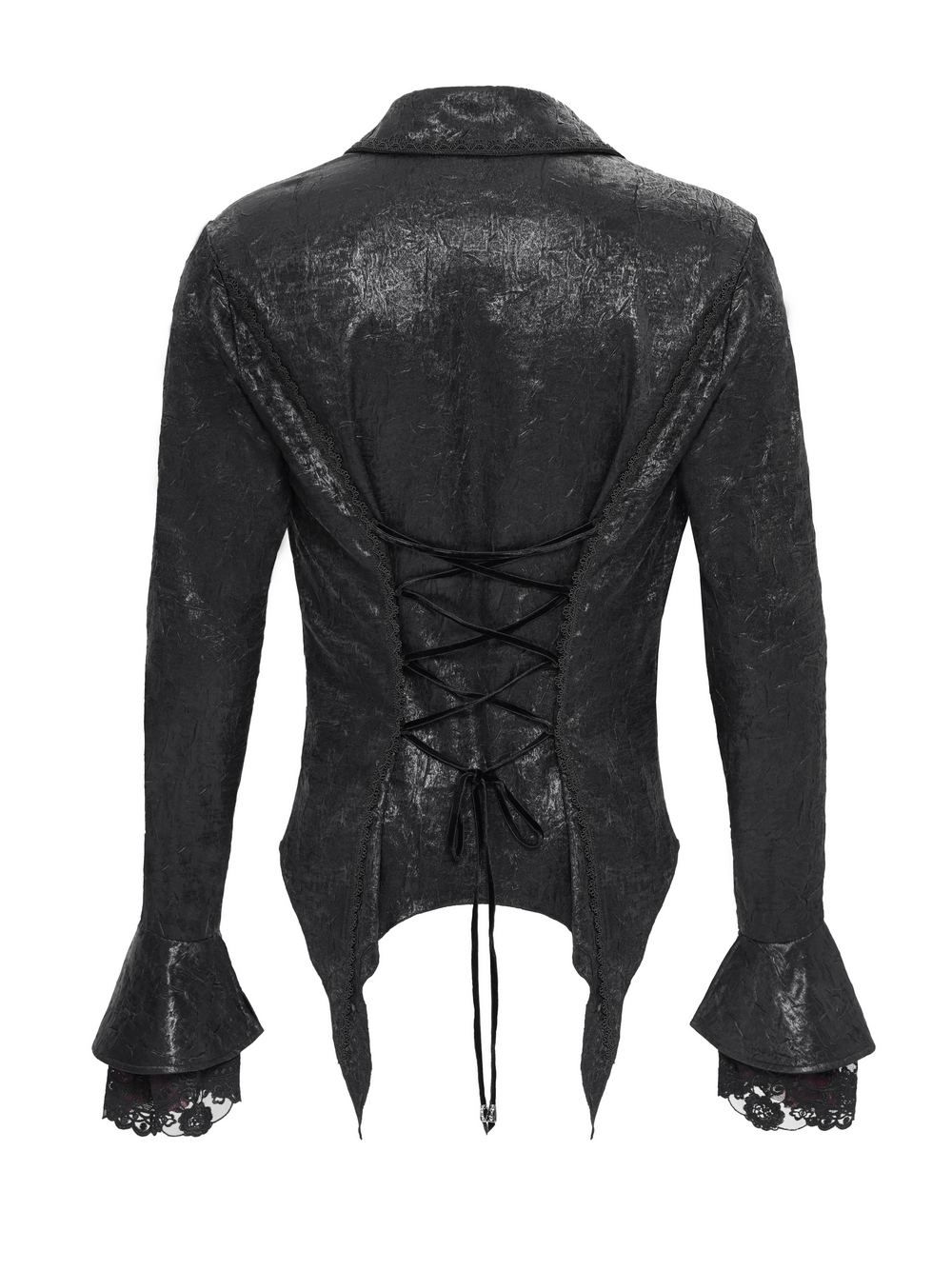 Men's gothic lace-up shirt, crushed velvet with lace cuffs, corset back, and pointed tail hem for dark elegance.
