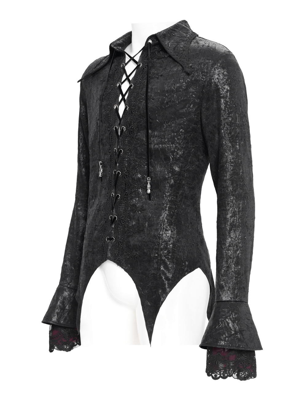 Men's gothic lace-up shirt with ruffled cuffs, pointed tail hem, and corset back in crushed velvet.