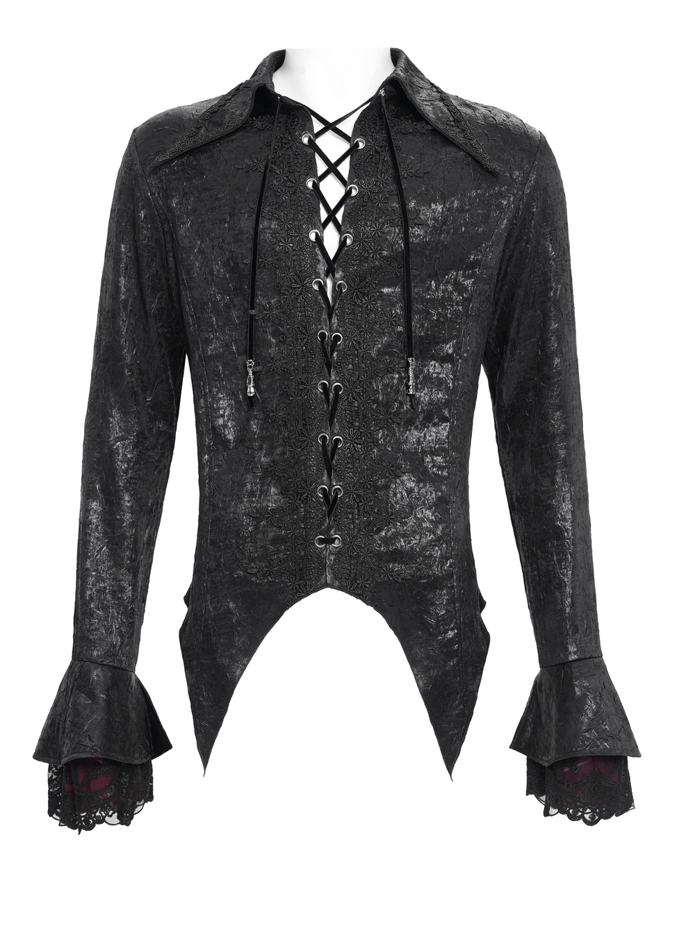 Men's gothic lace-up shirt with ruffled cuffs and pointed tail hem, perfect for vampire-inspired outfits.