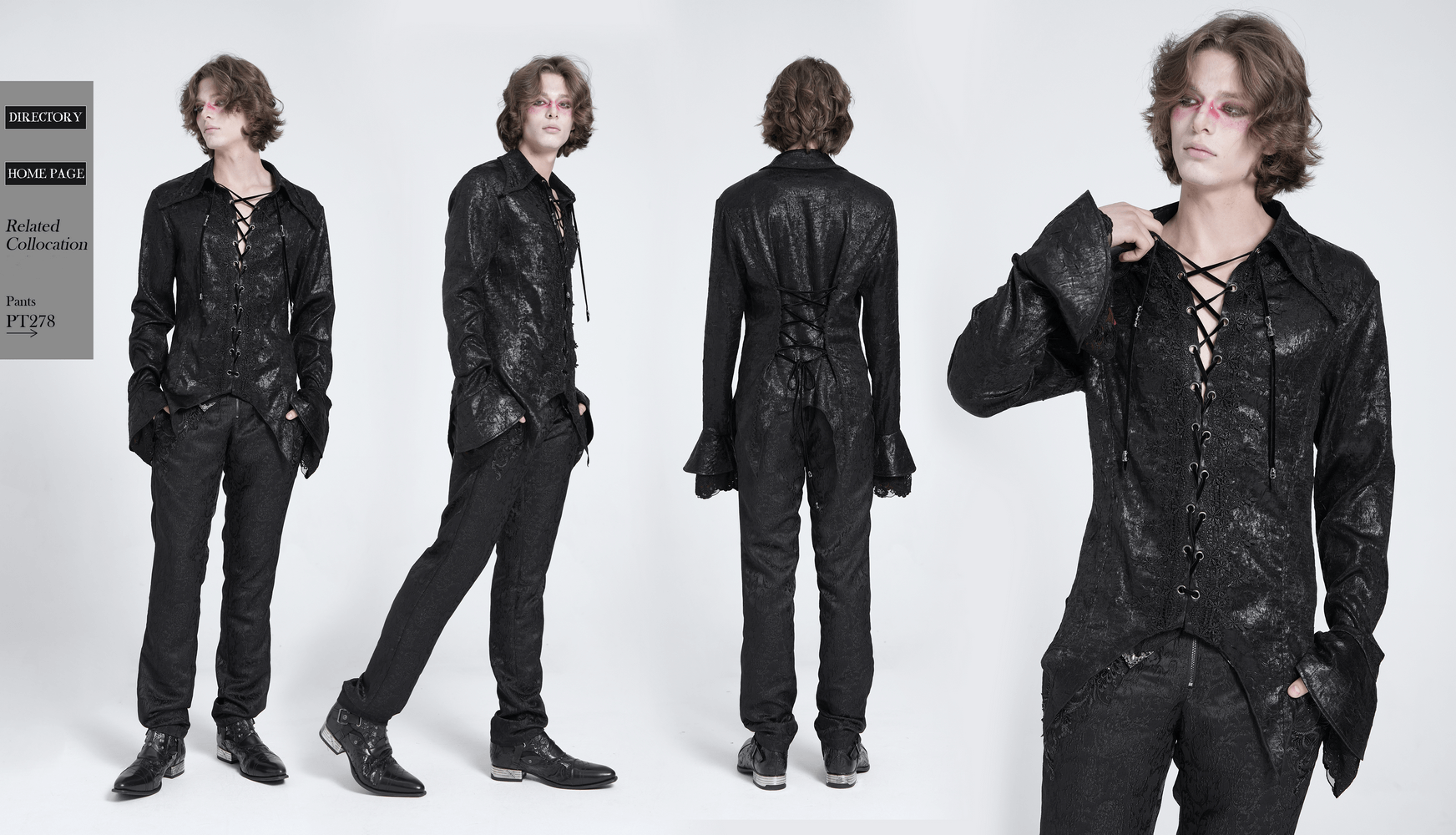 Men's gothic lace-up shirt with ruffled cuffs, corset back, and pointed tail hem in crushed velvet.