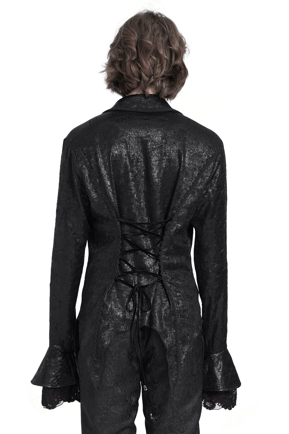 Back view of a men's gothic lace-up shirt with ruffled cuffs and corset back in black velvet fabric.