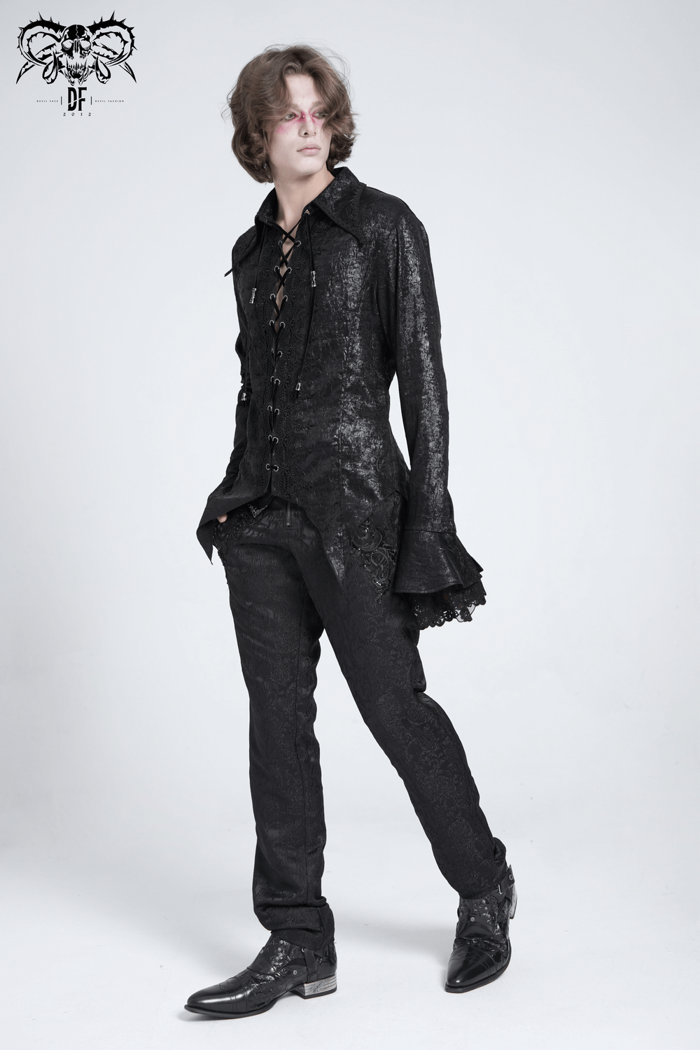 Men's gothic lace-up shirt with ruffled cuffs and pointed tail hem in black velvet, perfect for alternative fashion.