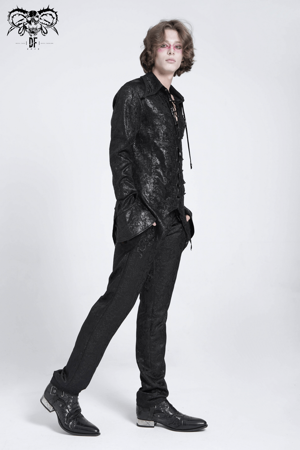 Men's gothic lace-up shirt with ruffled cuffs, corset back, and crushed velvet texture.