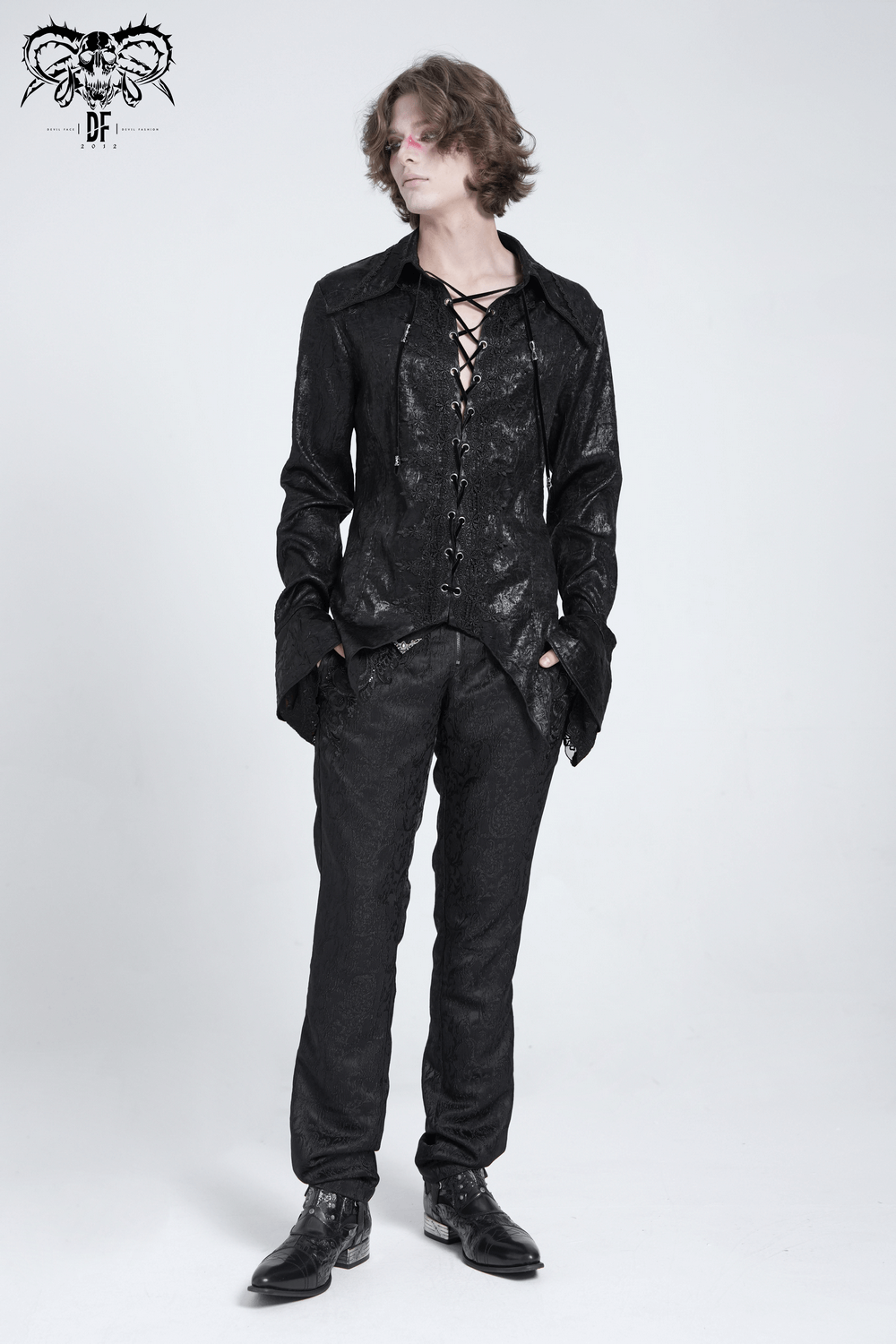 Men's gothic lace-up shirt with ruffled cuffs and pointed tail hem, perfect for alternative fashion and cosplay.