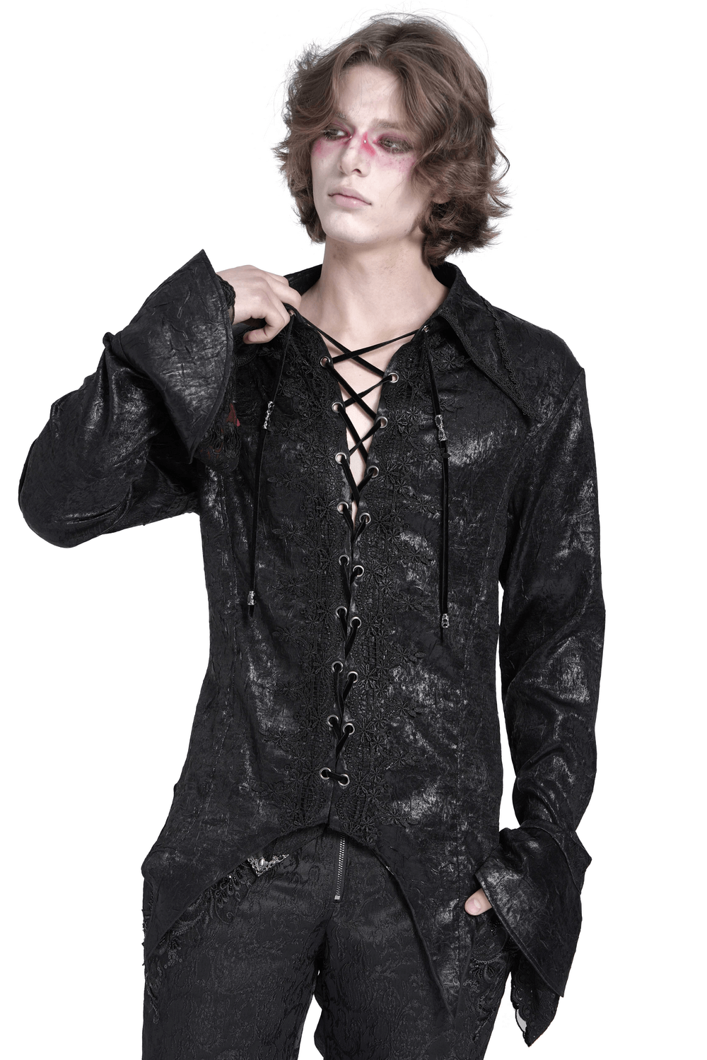 Men's gothic lace-up shirt in crushed velvet with ruffled cuffs, perfect for alternative fashion and cosplay.