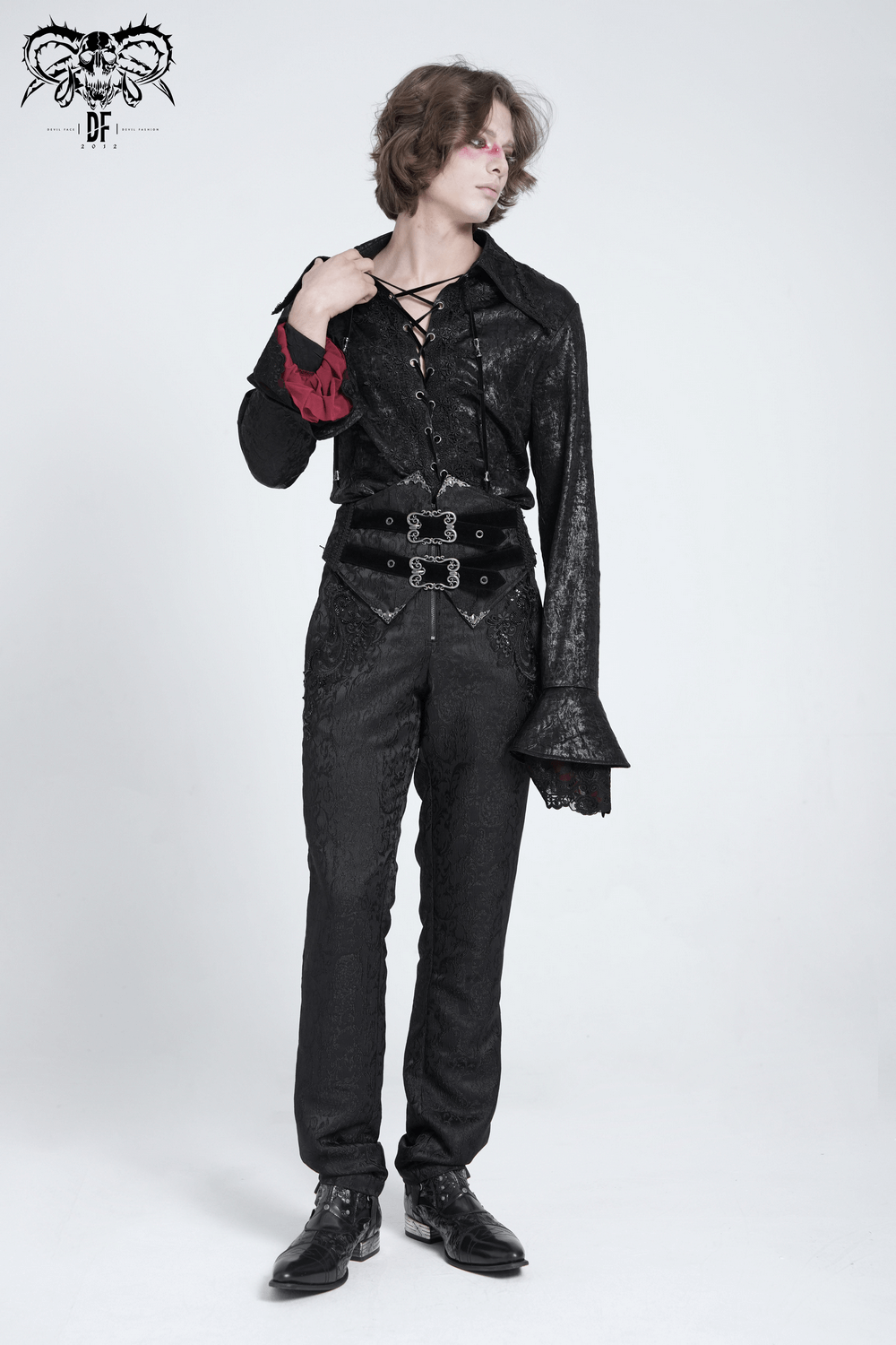 Men's gothic lace-up shirt with ruffled cuffs, corset back, and crushed velvet texture for dramatic elegance.