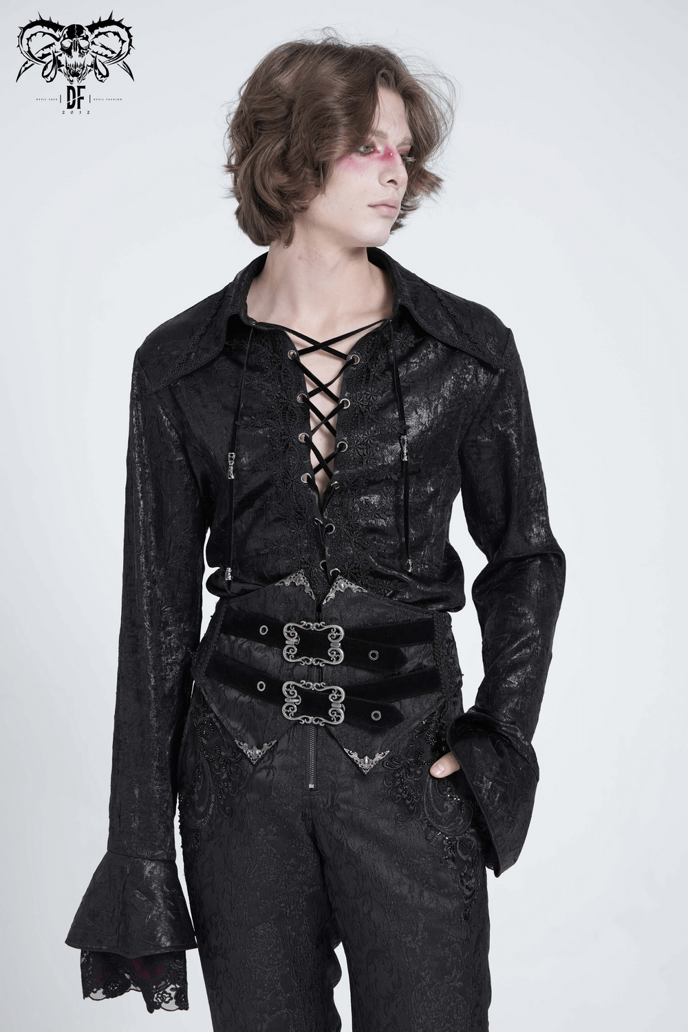 Men's gothic lace-up shirt with ruffled cuffs, velvet texture, and corset back for dark elegance.