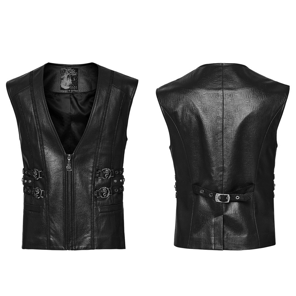 Men's Gothic leather vest featuring decorative buckles and studs, showcasing a sleek V-neck design and unique back detail.