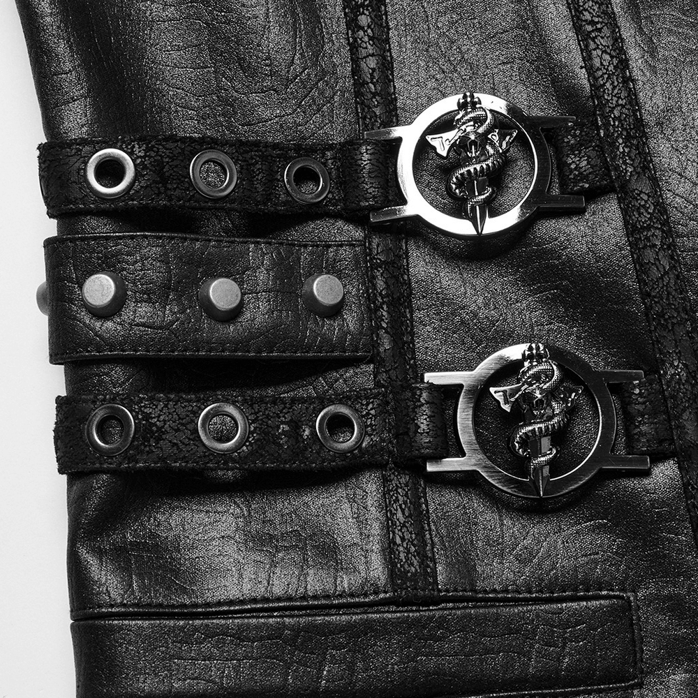 Close-up of decorative buckles and studs on a men's gothic leather vest, showcasing intricate design and bold style.