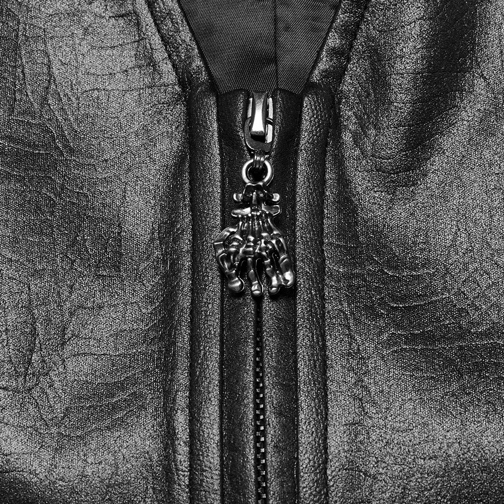 Close-up of a Gothic leather vest zipper featuring a unique skeleton hand pull charm. Perfect for adding edgy style!