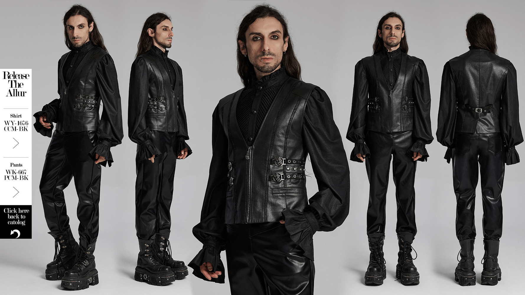 Men's Gothic leather vest with buckles, styled with sleek black pants for a bold, modern medieval look.