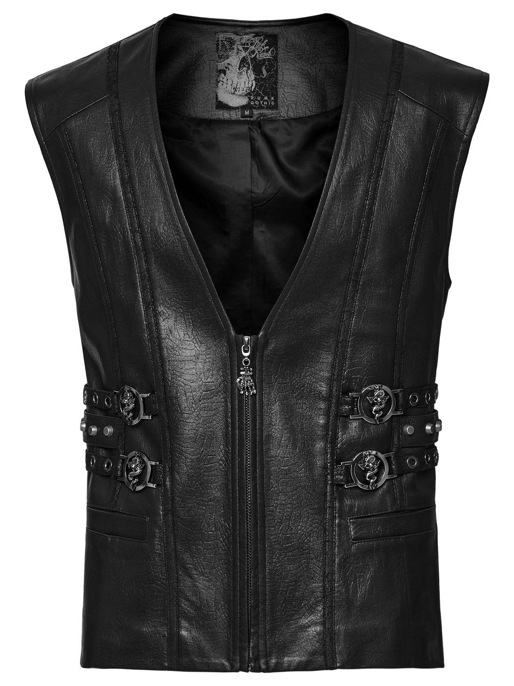 Men's Gothic leather vest with decorative buckles and studs for a bold medieval look. Ideal for edgy fashion enthusiasts.