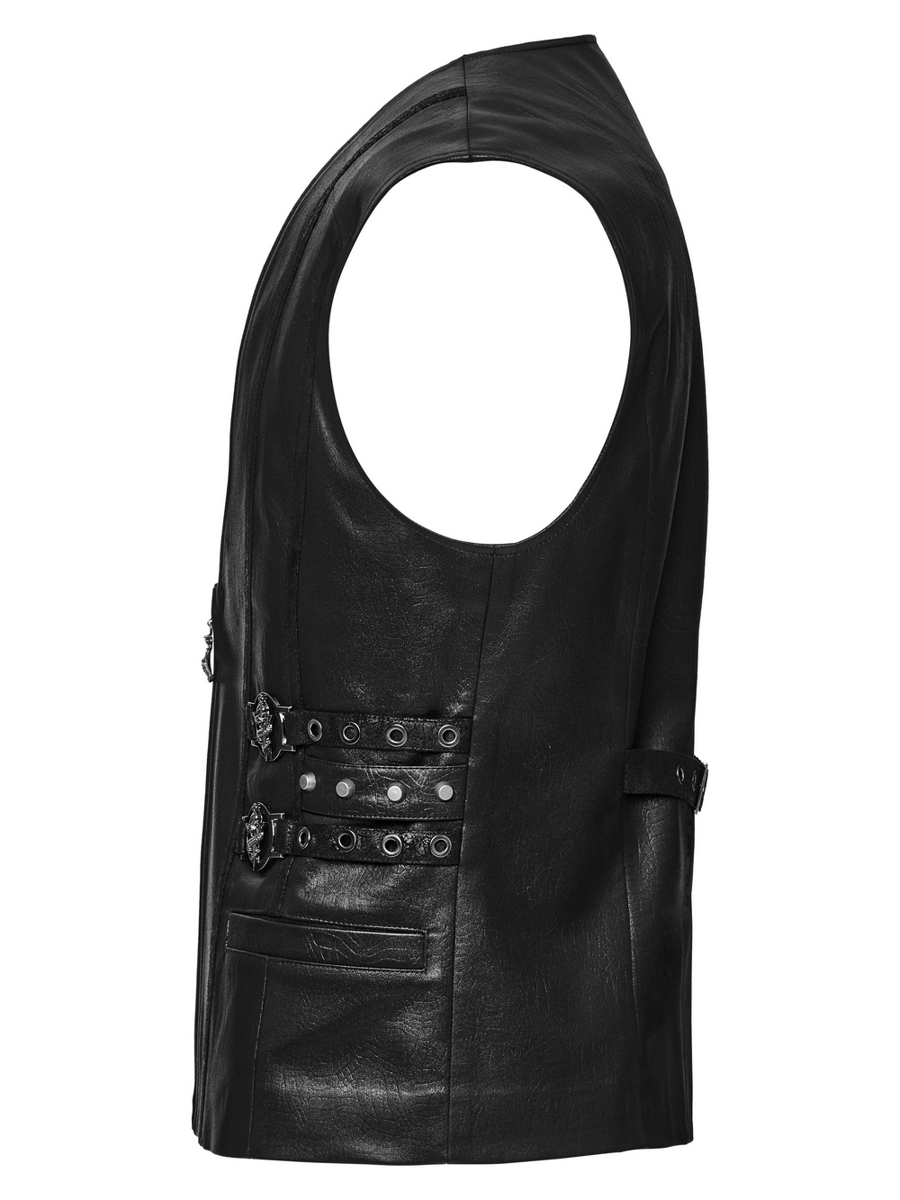 Men's Gothic faux leather vest featuring decorative buckles and studs for a bold medieval-inspired look.