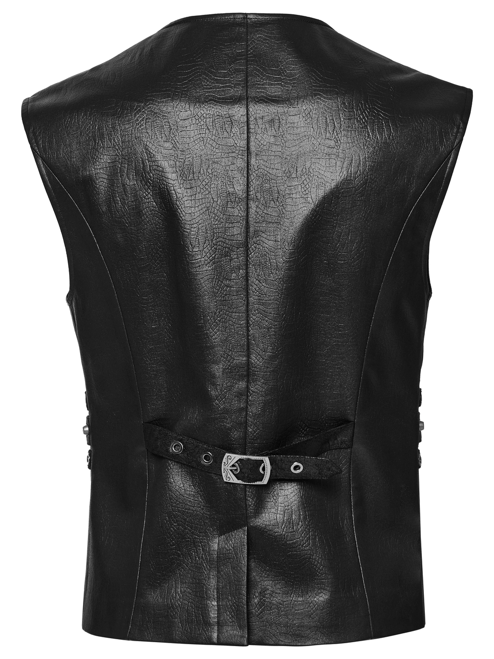 Back view of Men's Gothic Leather Vest showcasing sleek design and decorative buckle detail. Perfect for a bold style statement.