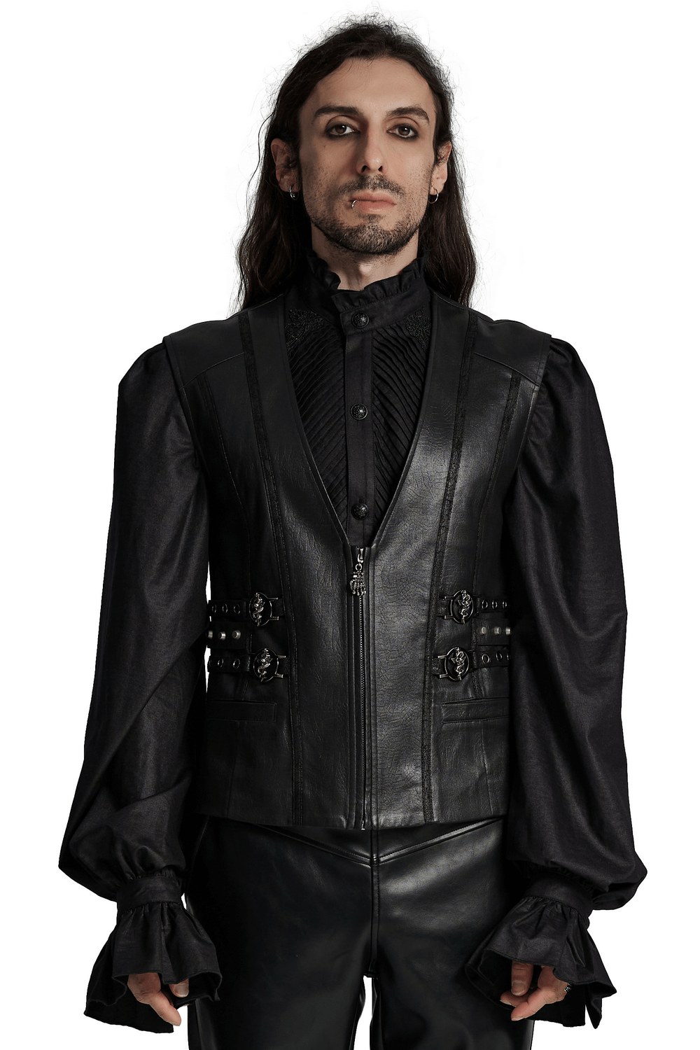 Men's Gothic leather vest with buckles and studs, paired with a stylishly puffed-sleeve shirt, exuding a bold medieval vibe.