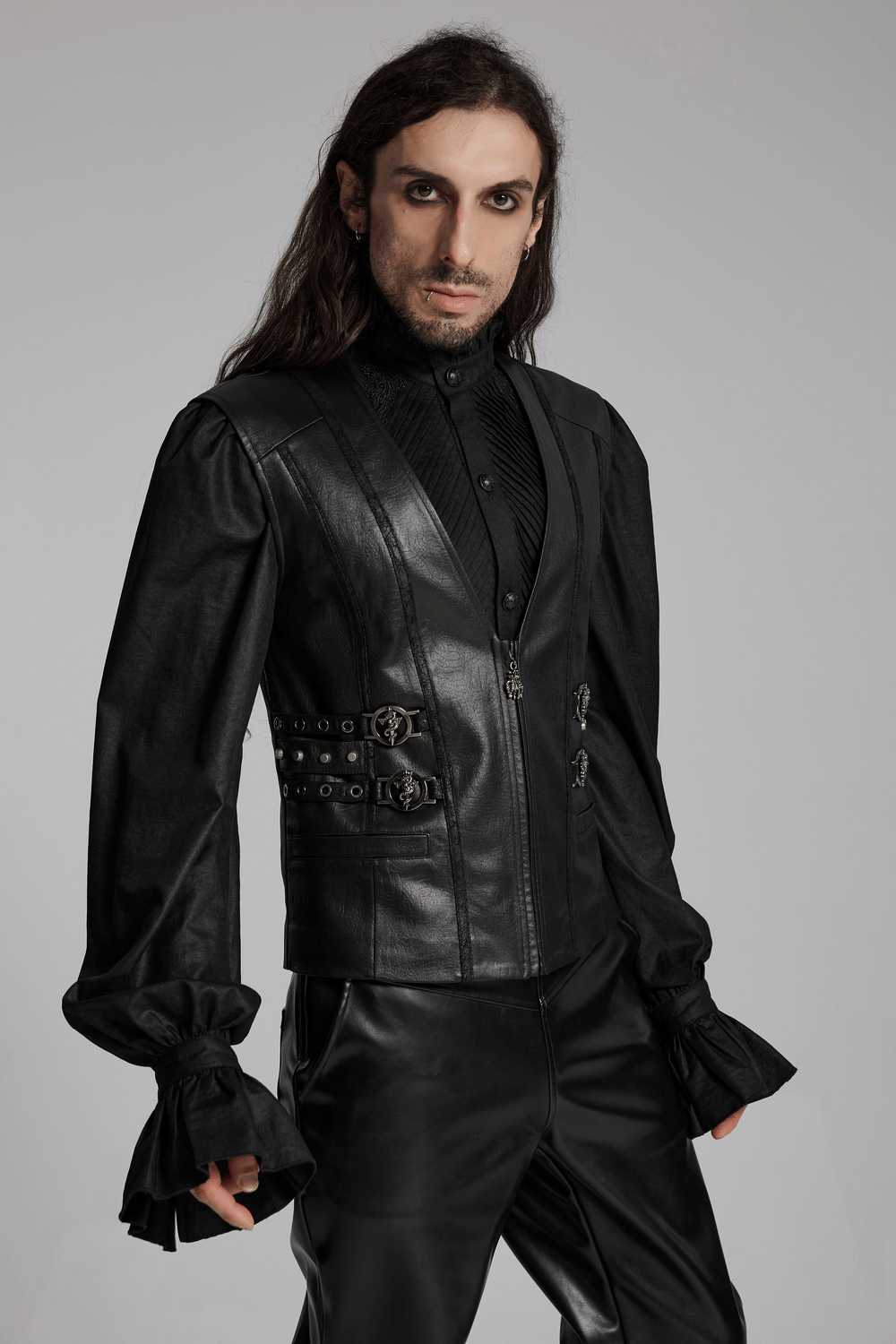 Men's Gothic leather vest featuring decorative buckles and a sleek silhouette, perfect for a bold medieval look.