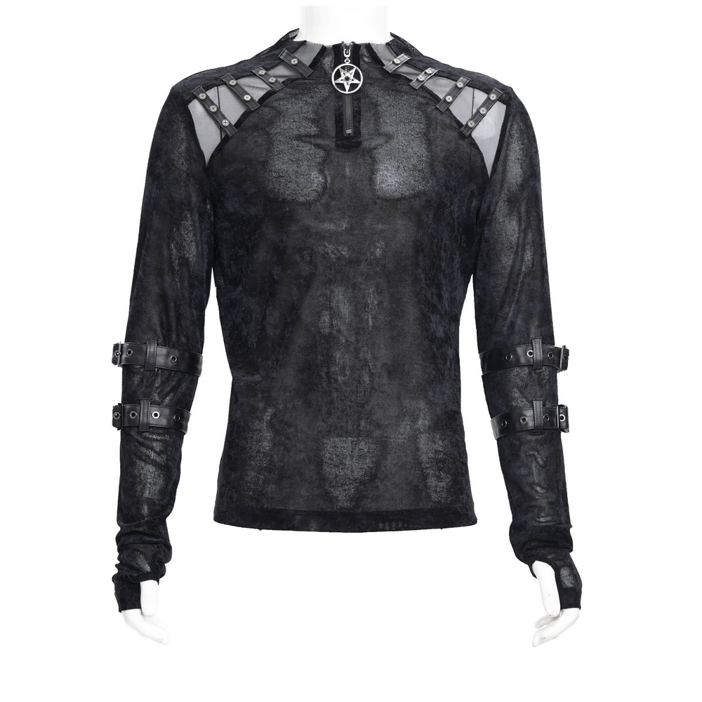 Men's gothic long-sleeved top in black with pentagram pendant and stylish buckles for a bold look.