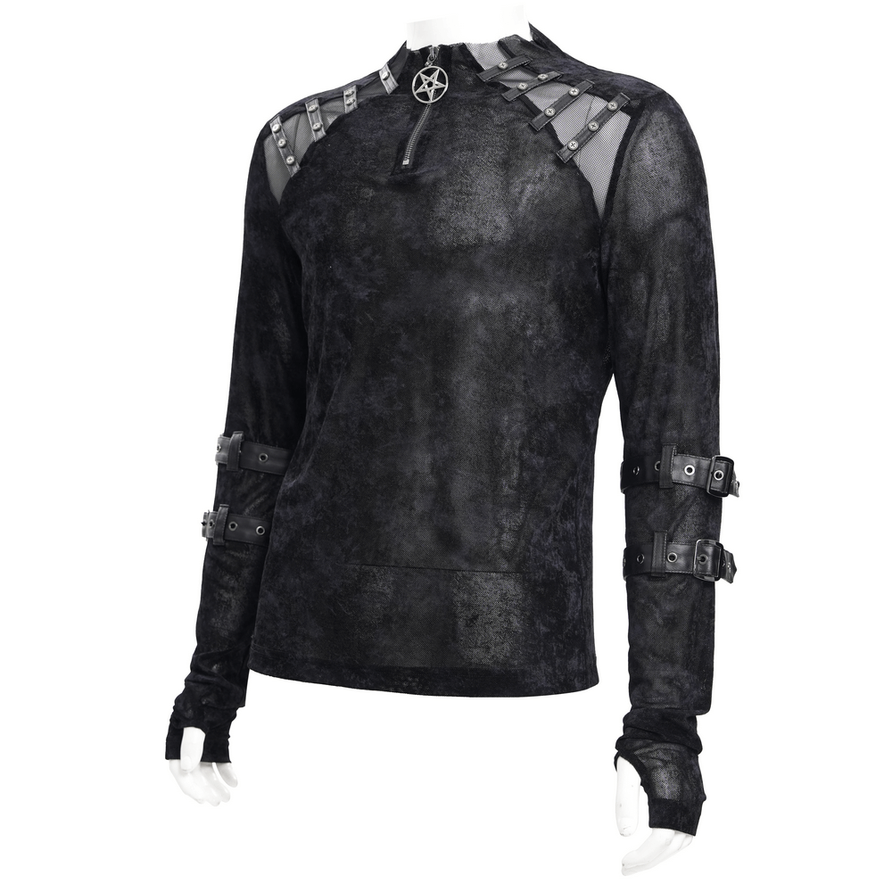 Men's gothic long-sleeved top with pentagram pendant and striking buckle accents, perfect for edgy style.