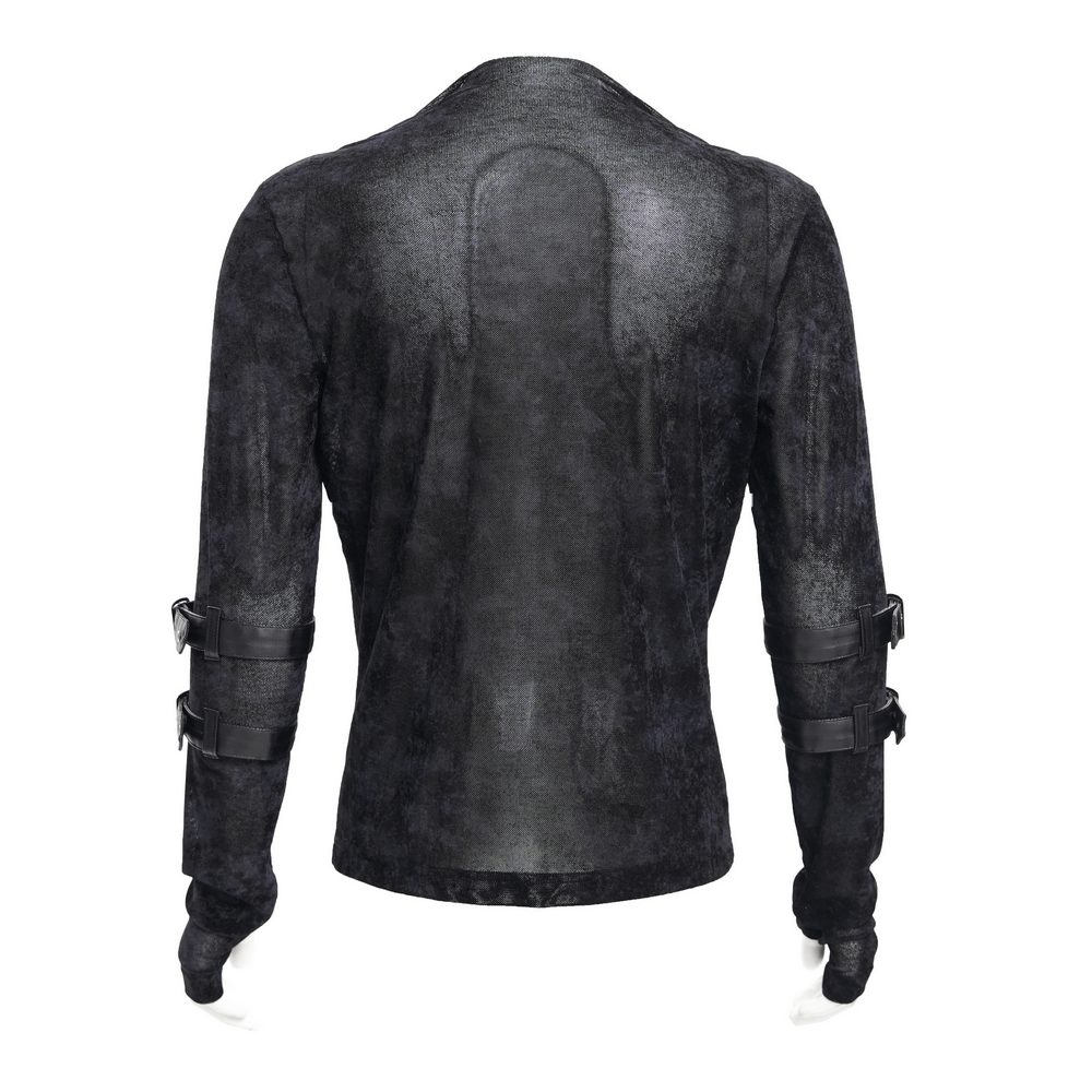 Back view of men's gothic long-sleeved top featuring stylish buckles and a unique fabric pattern. Perfect for edgy fashion lovers.