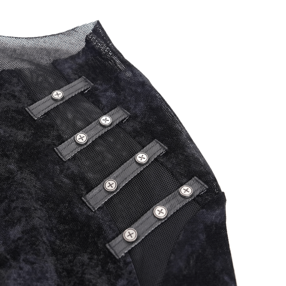 Close-up of black gothic top showing unique metal buckles and fabric details for an edgy style.