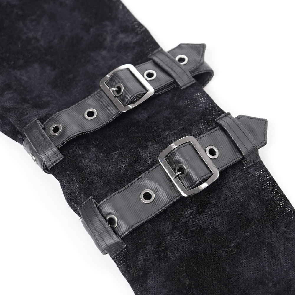 close-up of gothic long-sleeved top featuring black buckles and metal accents for a striking edgy look