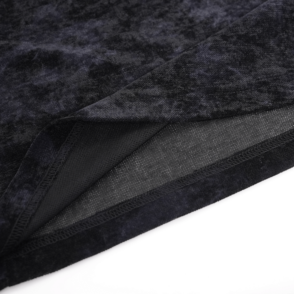 Close-up of the dark, textured fabric of a men's gothic long-sleeved top, highlighting its stylish finish and quality.