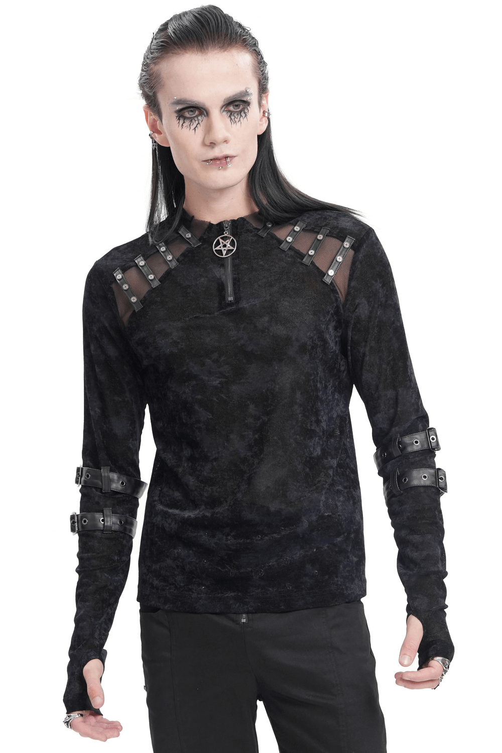 Men's gothic long-sleeved top with pentagram pendant and buckles, showcasing edgy fashion style.