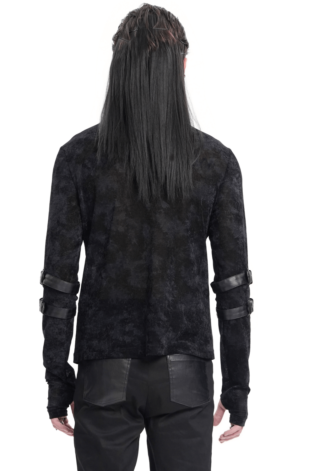 Men's gothic long-sleeved top with buckles and pentagram pendant, viewed from the back, showcasing edgy style.