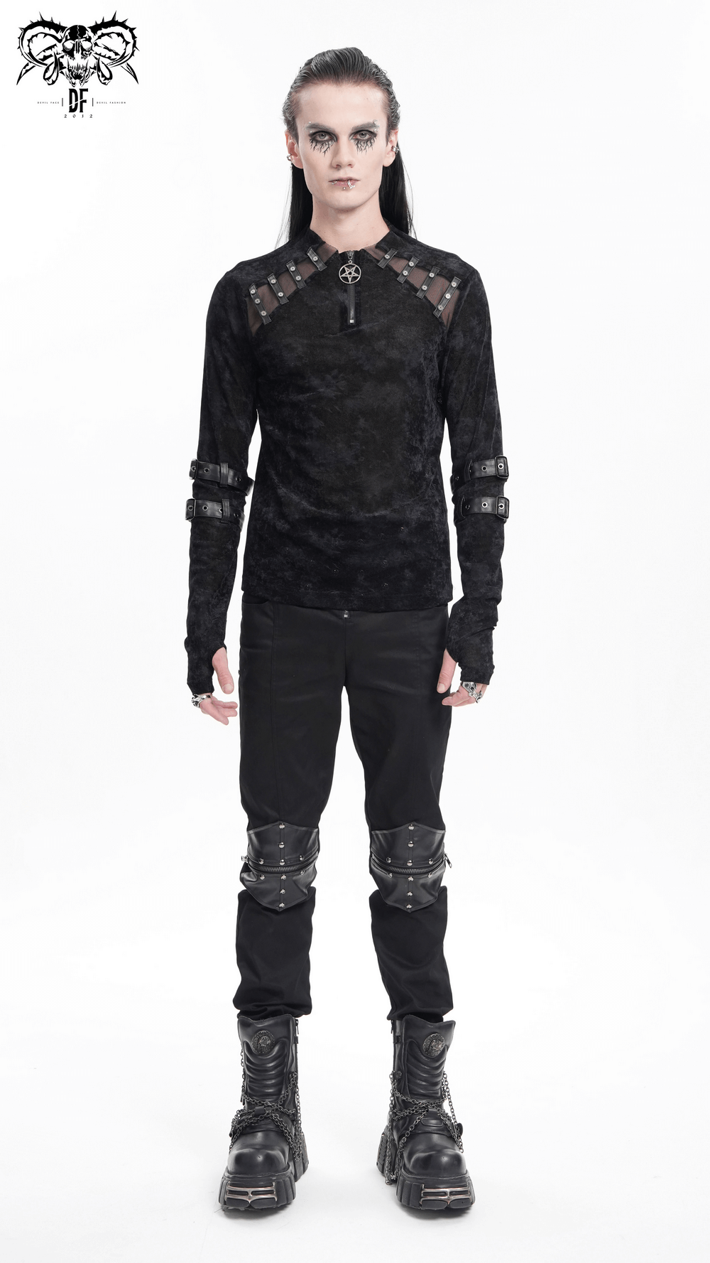 Men's gothic long-sleeved top with pentagram pendant and unique buckles, perfect for edgy fashion.