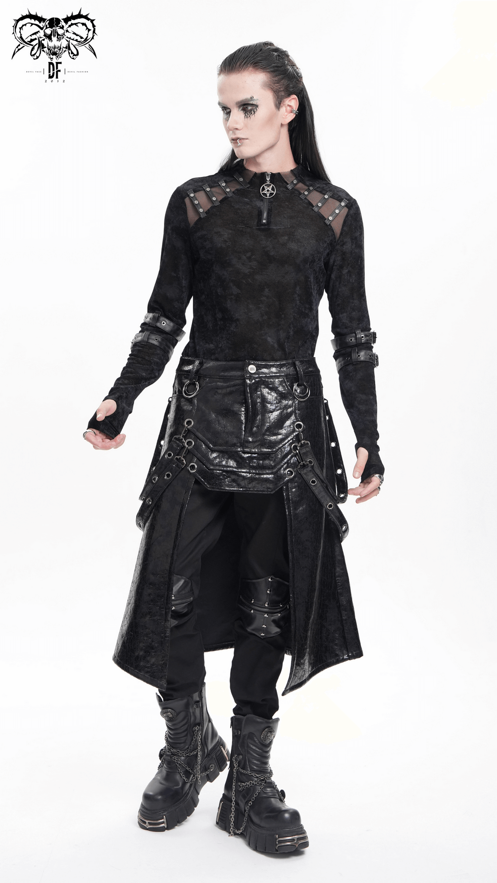 Men's gothic long-sleeved top with pentagram pendant and unique buckles, styled for an edgy look.