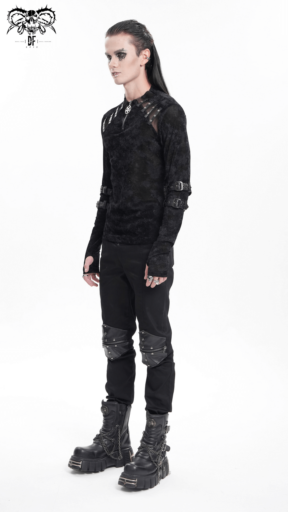 Men's gothic long-sleeved top with pentagram pendant, featuring unique buckles and edgy style. Perfect for a bold wardrobe.