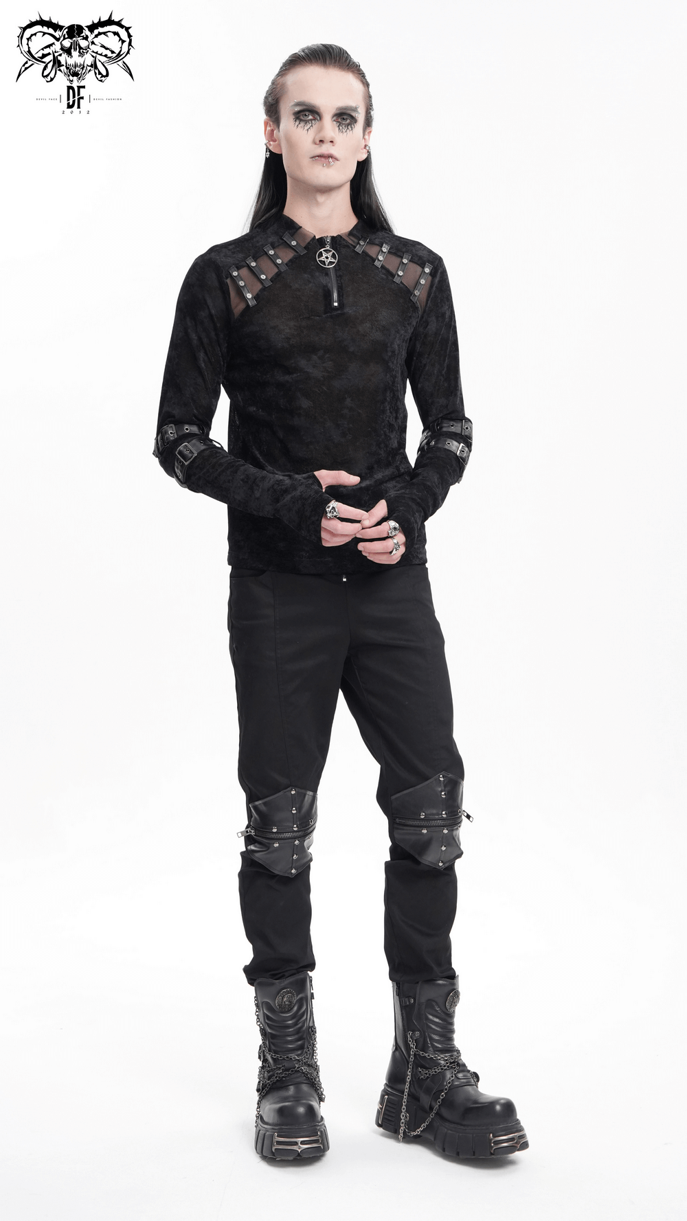 Men's gothic long-sleeved top with pentagram pendant and buckles, showcasing a bold, edgy style.