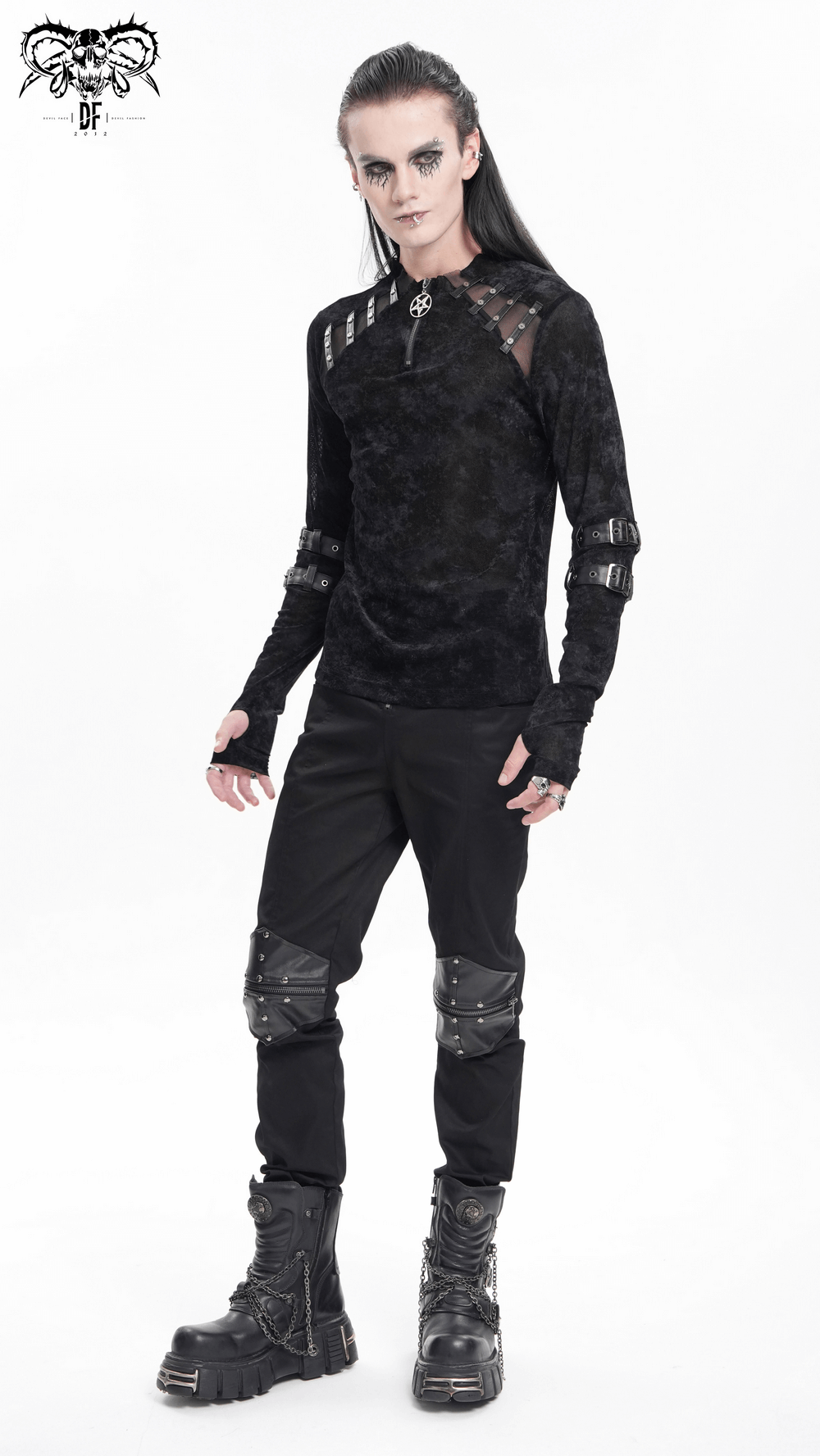 Men's gothic long-sleeved top with pentagram pendant and buckles, perfect for a unique dark style.